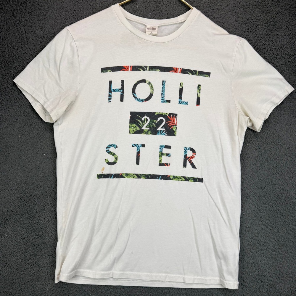 Hollister Mens Large White Graphic T-Shirt Floral Logo Short Sleeve Tee